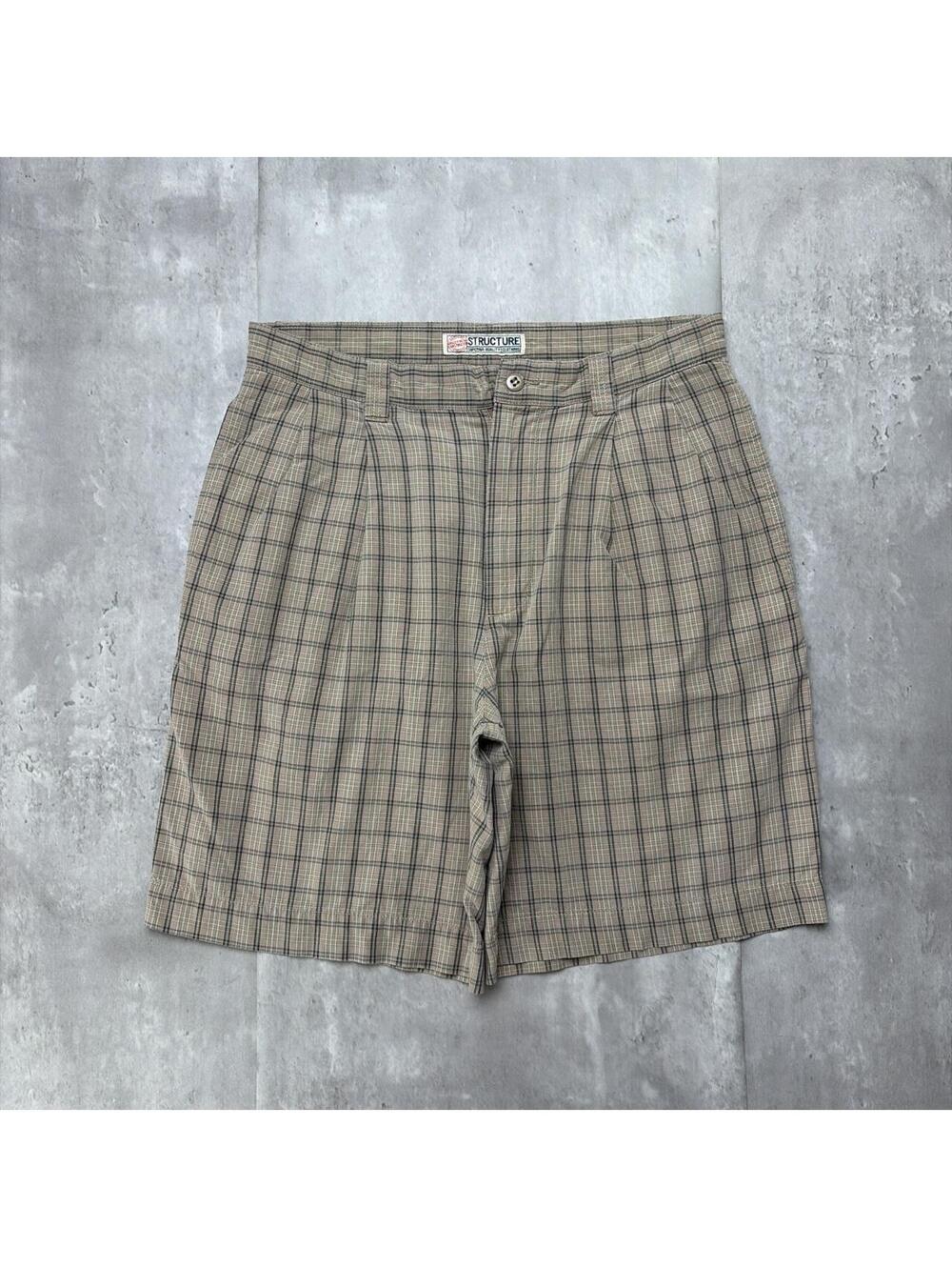 Y2K Beige Structure Grunge Plaid Baggy Skater Shorts